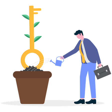 Businessman watering key plant  Illustration
