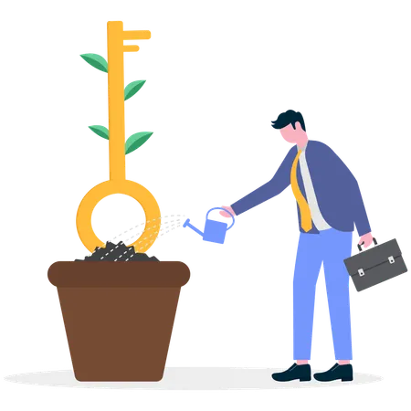 Businessman watering key plant  Illustration