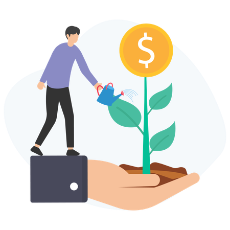 Businessman watering money plant growing in giant hand  Illustration