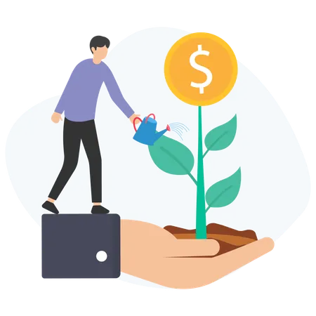 Businessman watering money plant growing in giant hand  Illustration