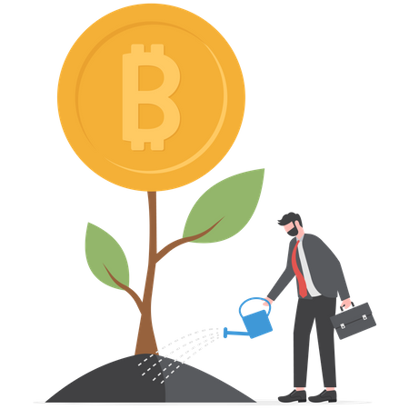 Businessman watering money trees with growth bitcoins  Illustration