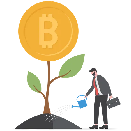 Businessman watering money trees with growth bitcoins  Illustration