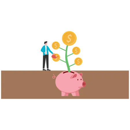 Businessman watering piggy bank for money growth  Illustration
