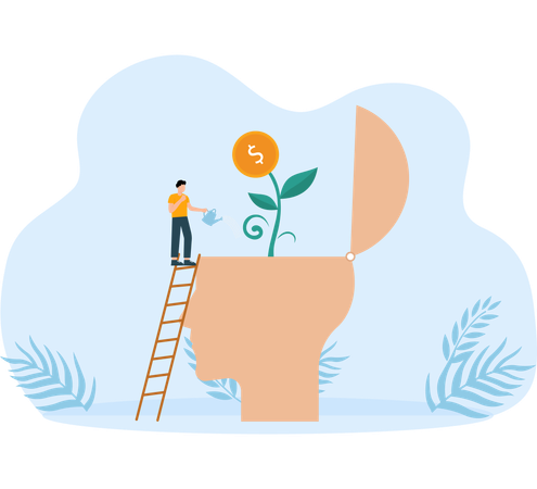 Businessman watering plant growing from his self head  Illustration