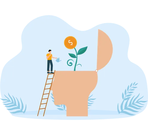 Businessman watering plant growing from his self head  Illustration