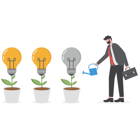 Businessman watering plant with a light bulb on it creating business growth  Illustration