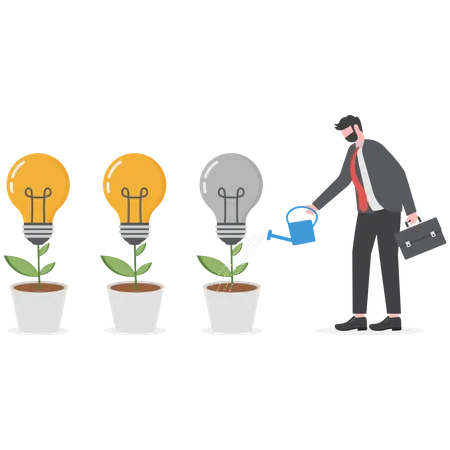 Businessman watering plant with a light bulb on it creating business growth  Illustration