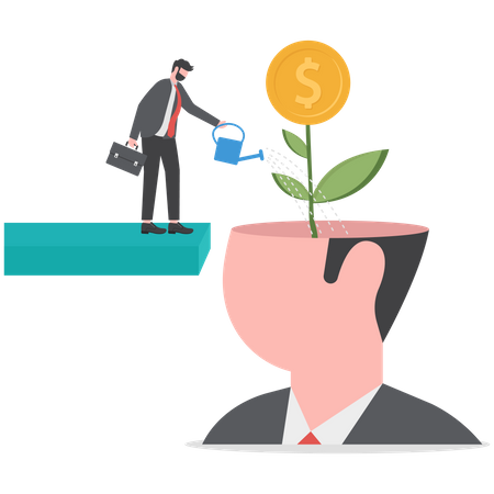 Businessman watering plant with money from human head  Illustration