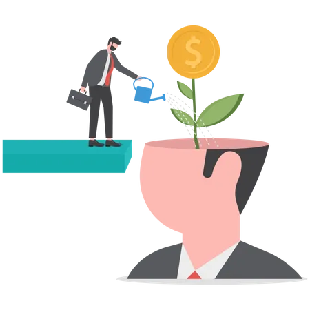 Businessman watering plant with money from human head  Illustration