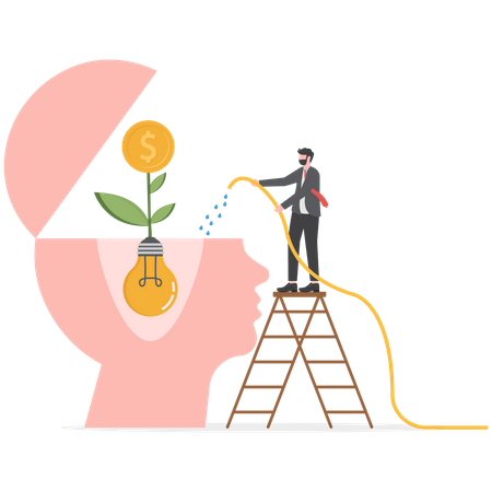 Businessman watering plants from the brain put think growth mindset self-improvement  Illustration