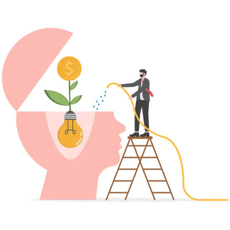 Businessman watering plants from the brain put think growth mindset self-improvement  Illustration