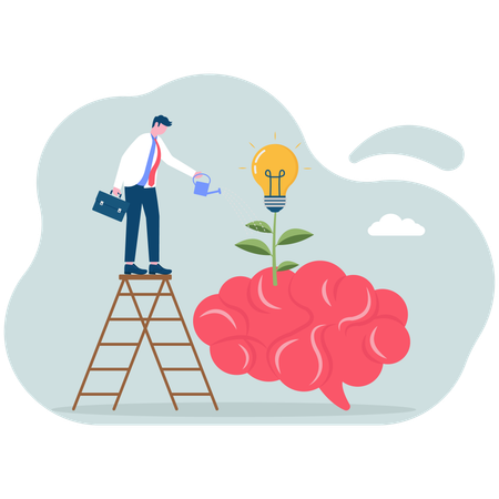 Businessman watering plants growing on human brain using watering can  Illustration