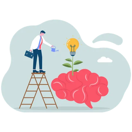 Businessman watering plants growing on human brain using watering can  Illustration