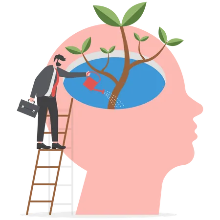 Businessman watering plants with big brain growth mindset  Illustration
