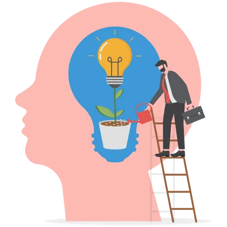 Businessman Watering plants with big brain growth mindset  Illustration