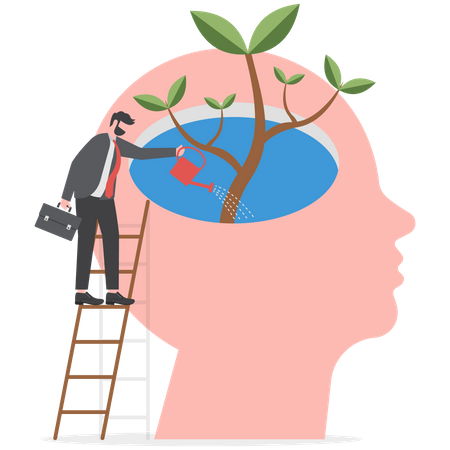 Businessman watering plants with big brain growth mindset  Illustration