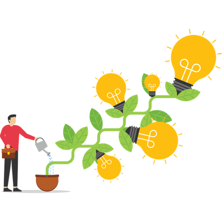 Businessman watering seedling grow high with lightbulb ideas  Illustration