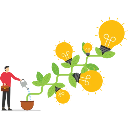 Businessman watering seedling grow high with lightbulb ideas  Illustration