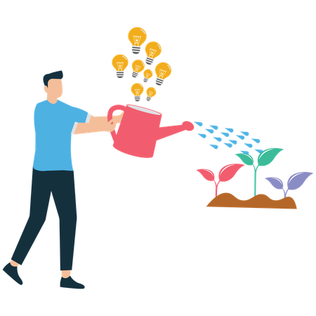Businessman Watering Seedlings with Lightbulb Ideas  Illustration