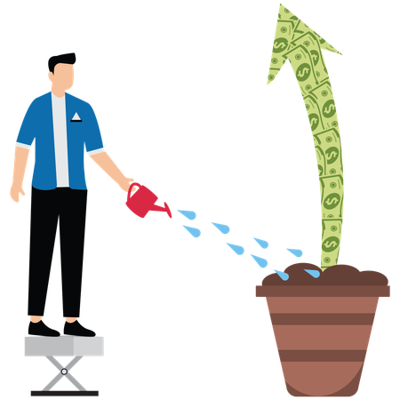 Businessman watering the growing arrows made of notes  Illustration