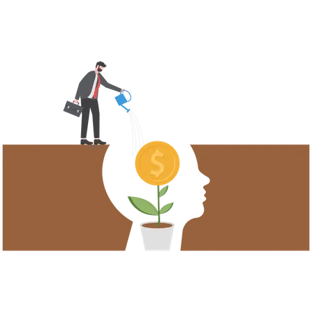 Businessman Water The Plants Money Think For Growth Mindset Concept Illustration