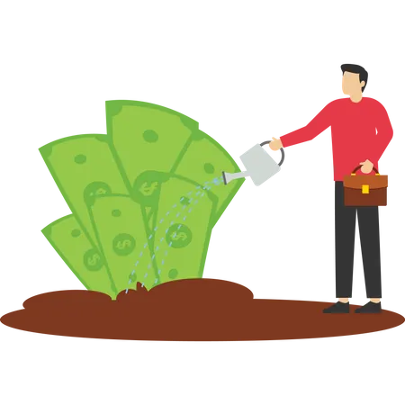 Businessman watering the soil to make the money plant grow  Illustration