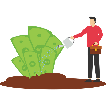 Businessman watering the soil to make the money plant grow  Illustration