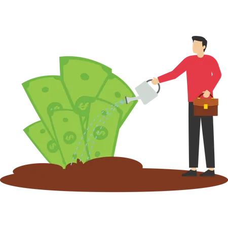 Watering The Soil To Make The Money Plant Grow Vector Illustration In Flat Style Illustration