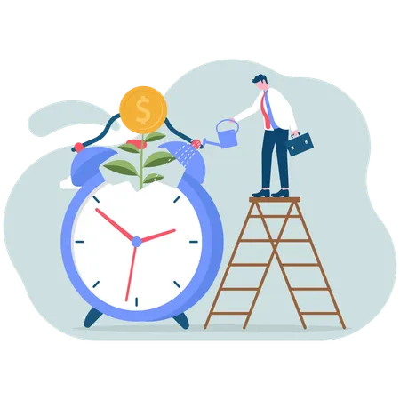 Businessman watering time to make money  Illustration