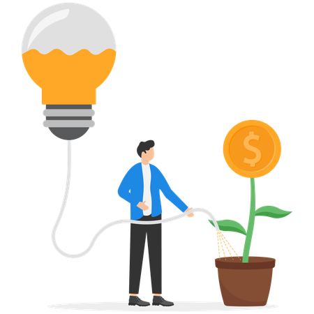 Businessman watering tree of money with idea  Illustration
