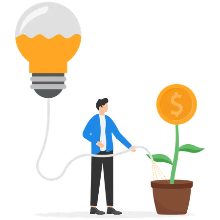 Businessman watering tree of money with idea  Illustration