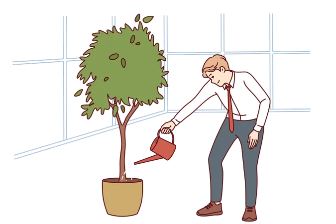 Businessman Watering Tree Symbolizing Investments And Dividends Received Through Financial Literacy Businessman Taking Care Tree By Investing Strength In Career Growth Or Increasing Money Savings イラスト