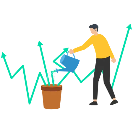 Businessman waters down green graph into plant pot  Illustration