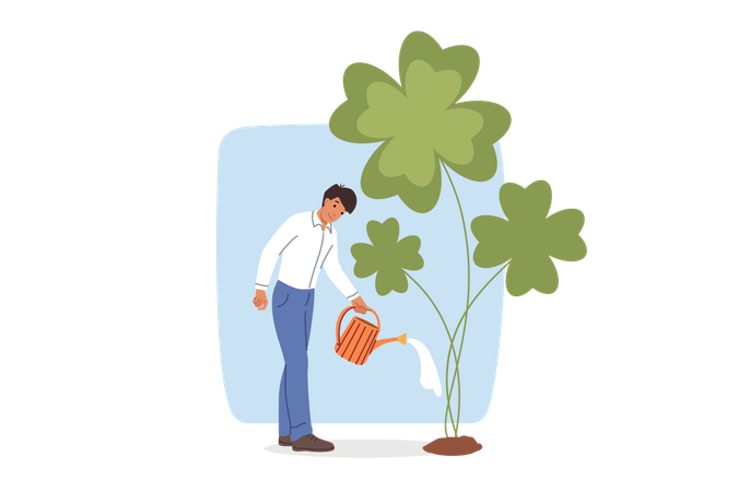Businessman waters large clover  Illustration