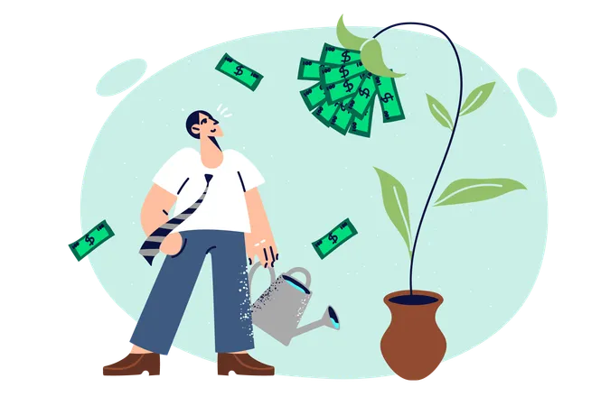 Business Man Waters Money Flower Seeking To Increase Passive Income From Investing In Startup Guy With Watering Can Stands Near Money Made Of Wood Symbolizing Income From Bank Deposit Illustration