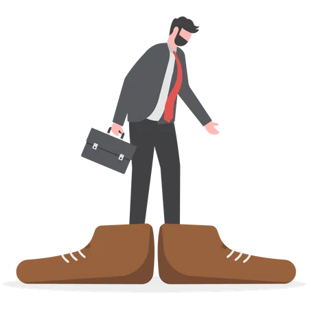 Work Responsibility Put Right Man In The Right Job Working Skill To Fit Job Position Anticipation To Be Promoted Mistake Or Problem Concept Frustrated Businessman Trying To Put Too Big Shoes Illustration
