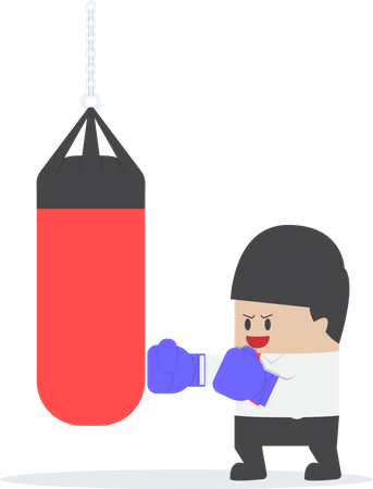 Businessman wearing boxing gloves and punch the punching bag Illustration