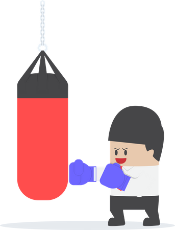 Businessman wearing boxing gloves and punch the punching bag  Illustration