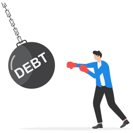 Businessman wearing boxing gloves fighting and punching with creditor red boxing glove with text Debt  Illustration