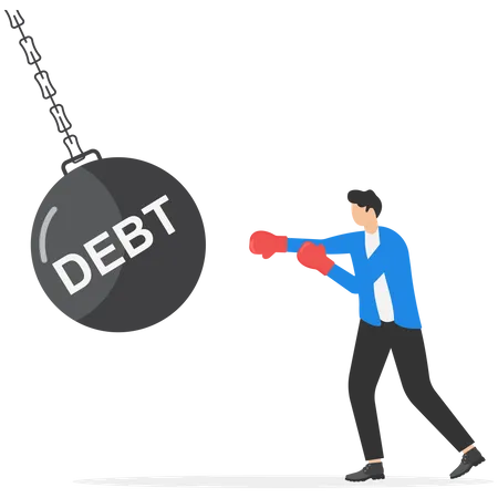 Debt Management Fight With Debt For Financial Freedom Concept Professional Businessman Wearing Boxing Gloves Fighting And Punching With Creditor Or Loaner Huge Red Boxing Glove With Text Debt Illustration