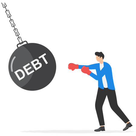 Businessman wearing boxing gloves fighting and punching with creditor red boxing glove with text Debt  Illustration