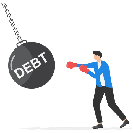 Businessman wearing boxing gloves fighting and punching with creditor red boxing glove with text Debt  Illustration