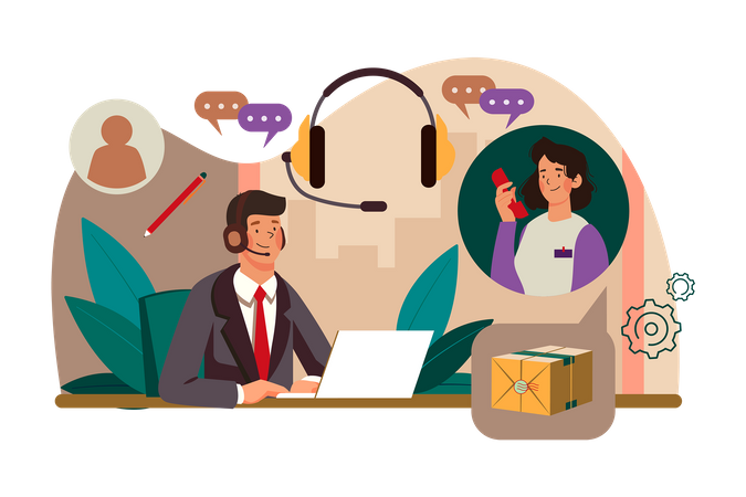 Businessman Wearing Headset Talking to a caller in Customer Services Center  Illustration