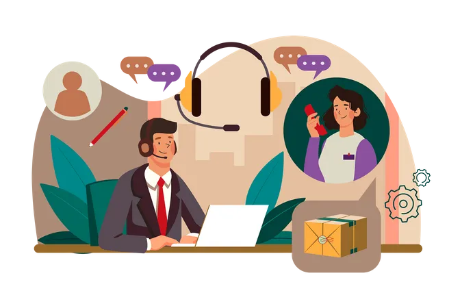 Businessman Wearing Headset Talking to a caller in Customer Services Center  Illustration