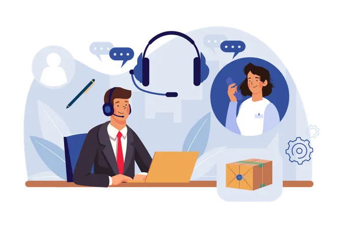 Businessman Wearing Headset Talking to a caller in Customer Services Center  Illustration