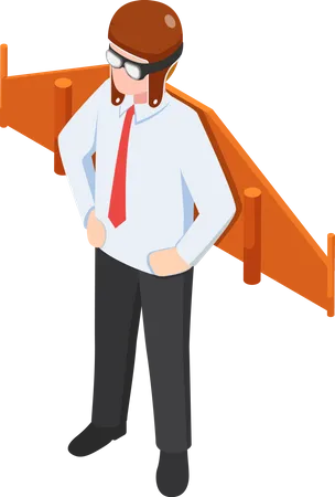 Flat 3 D Isometric Businessman Wearing Helmet And Aviator Goggles With Toy Wings Business Startup And Creative Concept Illustration