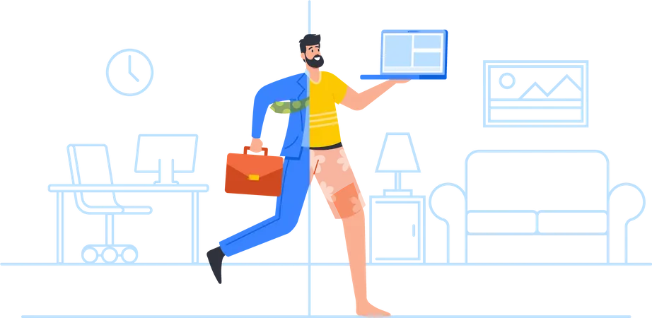 Businessman Wearing Hybrid Clothes Half Formal Suit and Domestic Dressing Run with Laptop in Hand  Illustration