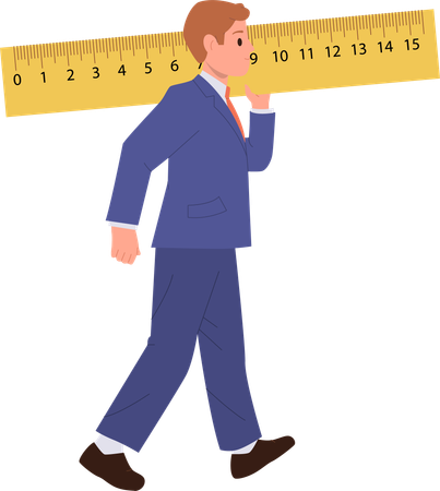 Businessman wearing suit carrying giant ruler on shoulder  Illustration