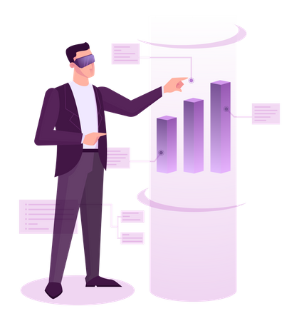 Businessman wearing VR glasses and analyzing stock market Illustration