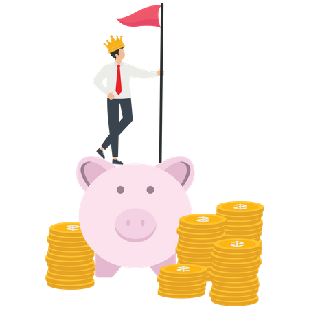 Businessman wears a crown holding flag stands on a piggy bank  Illustration